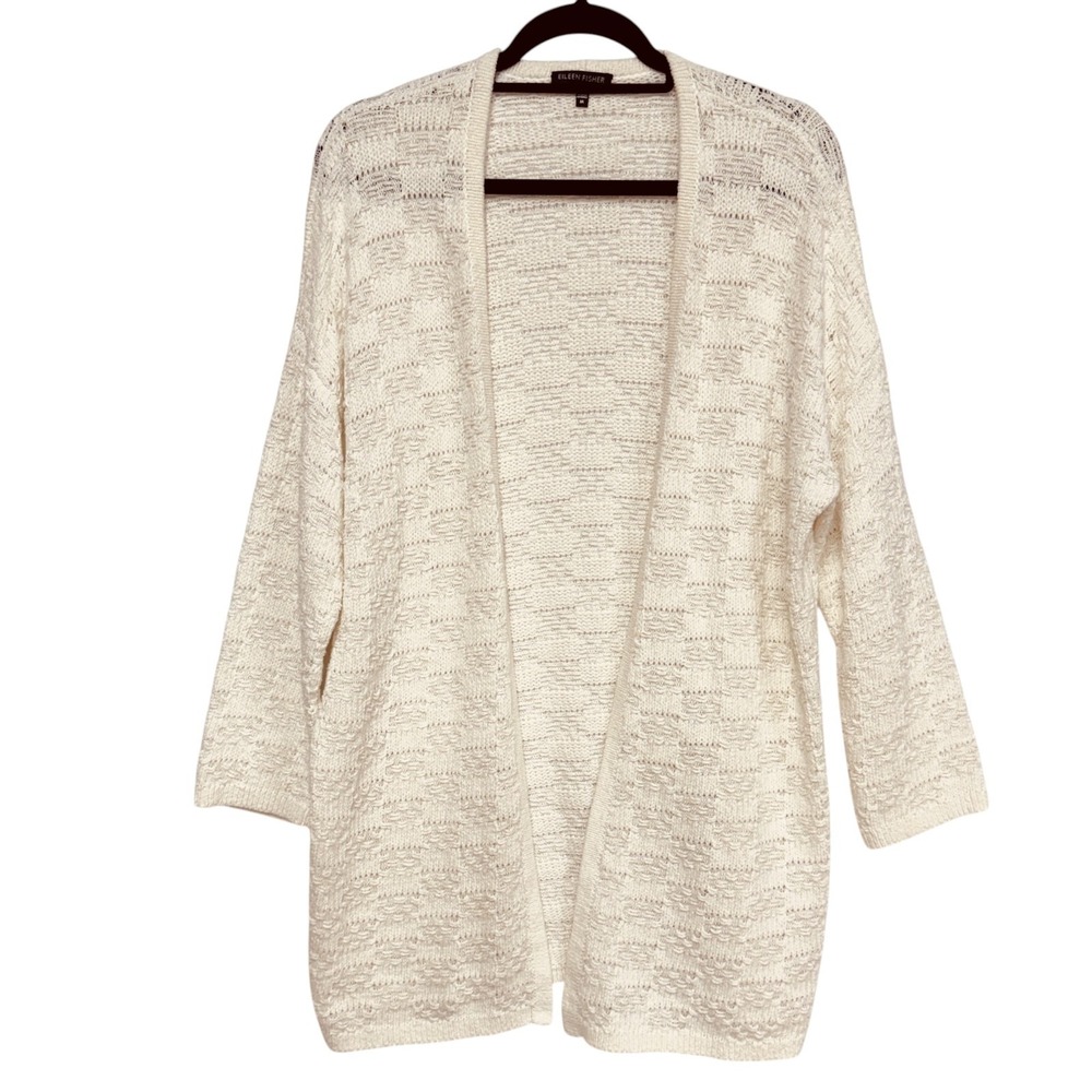 Eileen Fisher Cream Knit Open Long Cardigan, Size Medium, Cotton Linen Blend